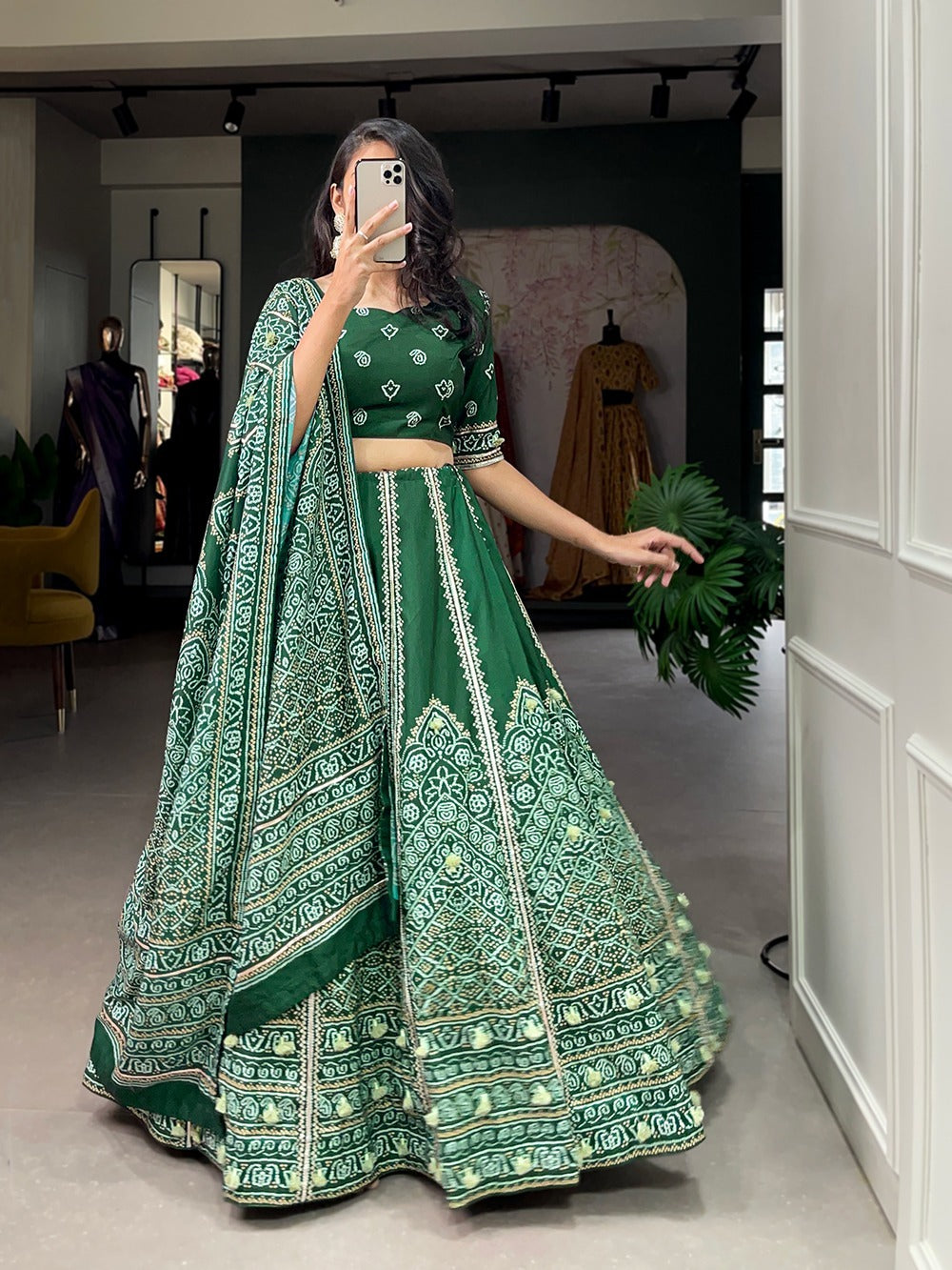 Green Gota Patti and Tassels Work lehenga choli with  Maslin Silk dupatta