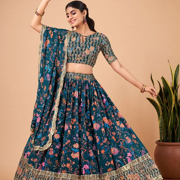 Blue Zari & Sequins Embroidery Work  lehenga choli with  Faux Georgette dupatta