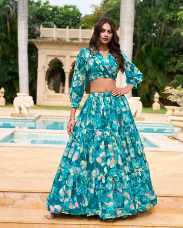 Teal green Georgette Floral Print lehenga choli for women or girls