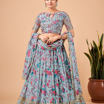 Sky Blue Zari & Sequins Embroidery Work  lehenga choli with  Faux Georgette dupatta