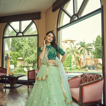 Green Thread & Sequins Embroidery Work lehenga choli with Faux Georgette dupatta