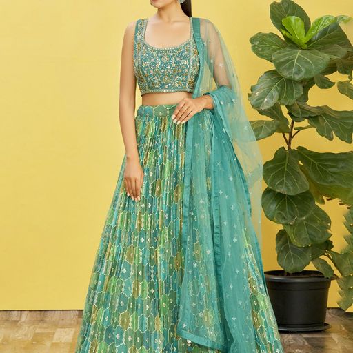 Green Real Mirror with Thread, Zari, Sequins Embroidered And Digital Print Work  lehenga choli with  Soft  Net  dupatta