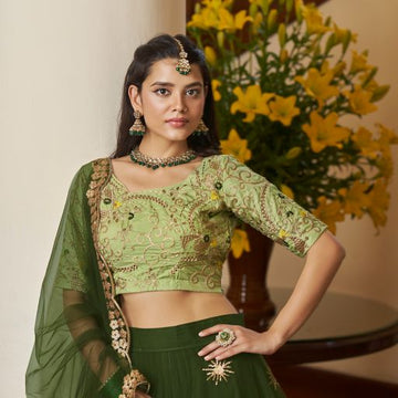 Green Thread & Sequins Embroidery Work  lehenga choli with  Net  dupatta