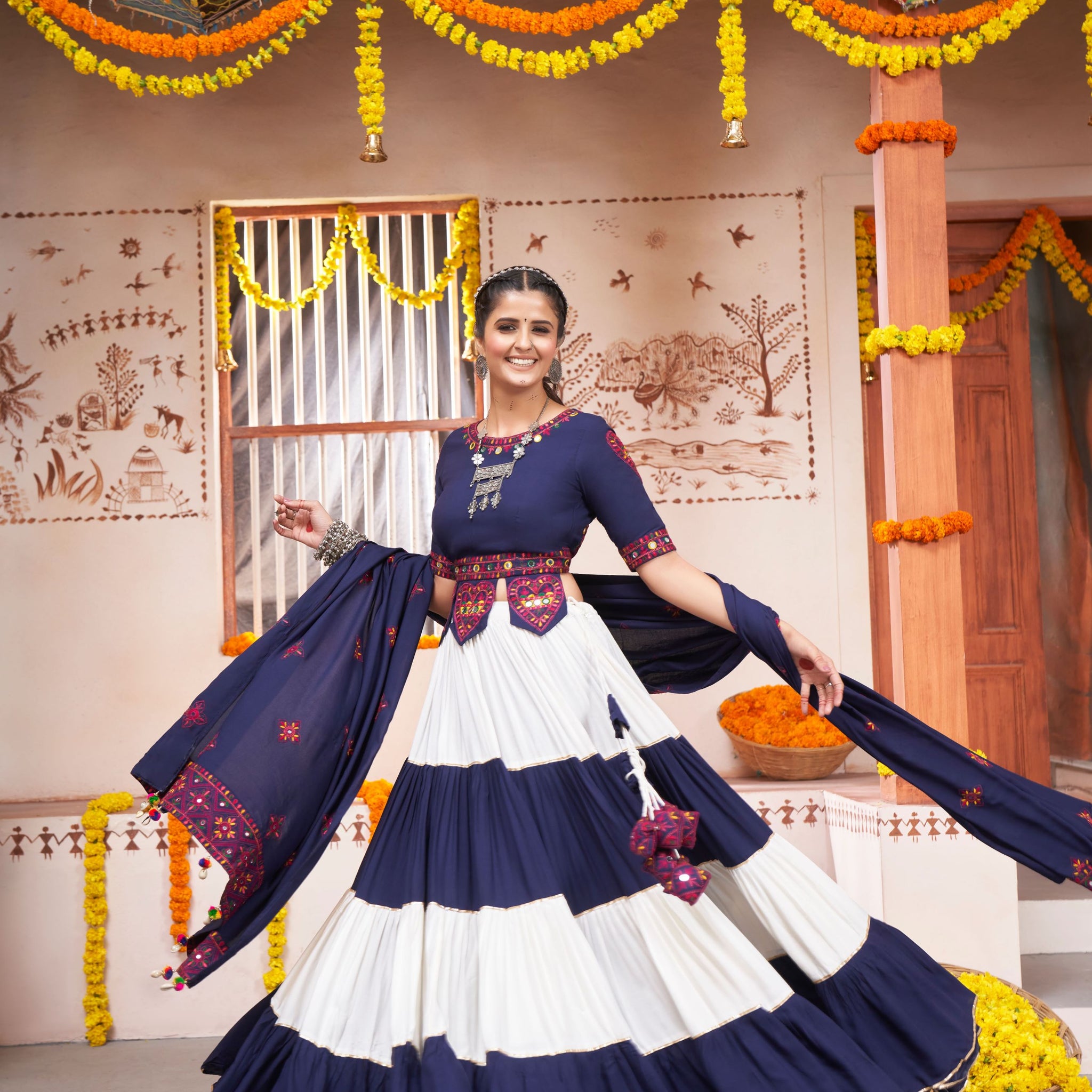 Multicolor   Thread,  Embroidered with  all over mirror  Work  lehenga choli with Viscose Rayon dupatta