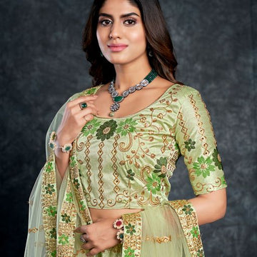 Pista Green  Diamond,Zari, Thread & Sequins Embroidery Work  lehenga choli with  Butterfly Net  dupatta