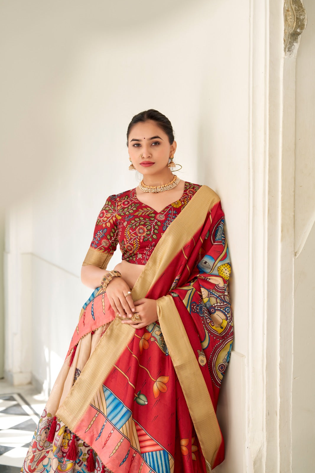 Lehenga choli for women beige and red colour Kalamkari Print With Weaving Border lehenga choli