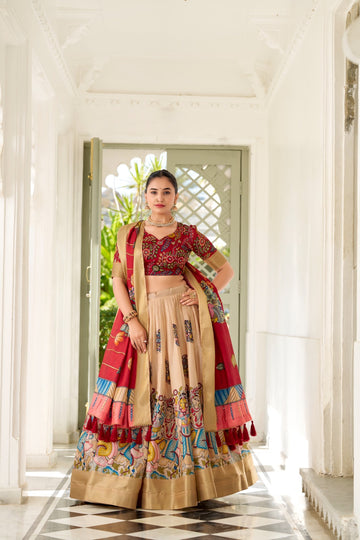 Lehenga choli for women beige and red colour Kalamkari Print With Weaving Border lehenga choli