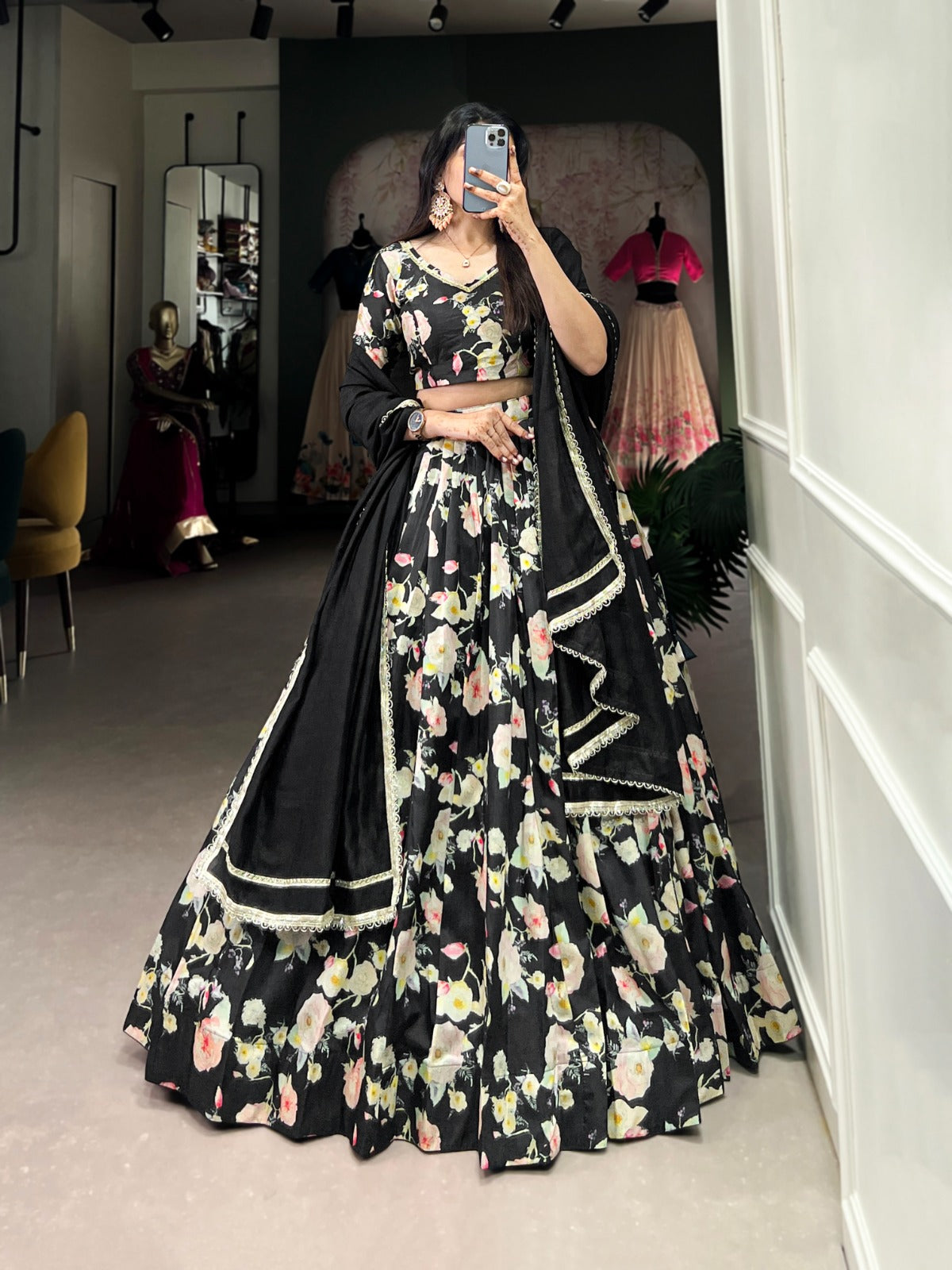 Black floral print lehenga choli for women indian wedding wear lehengas