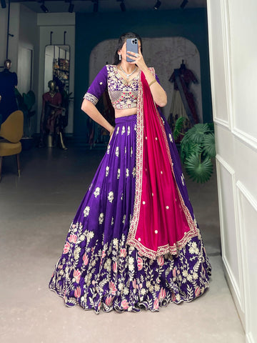 Purple silk thread embroidery work lehenga choli for women indian wedding wear lehengas