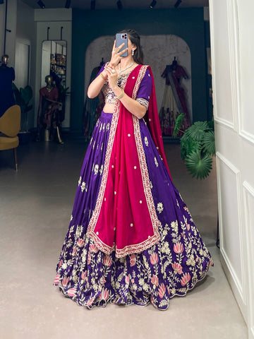 Purple silk thread embroidery work lehenga choli for women indian wedding wear lehengas