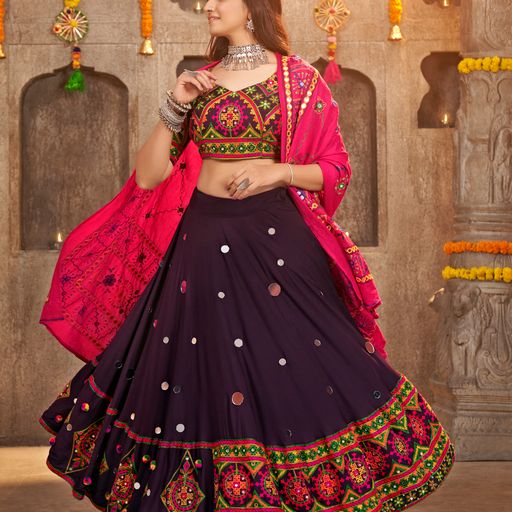 Purple Thread Embroided with all over Mirror  work lehenga choli with Cotton dupatta