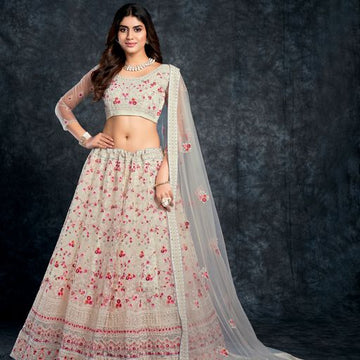 Off White   Diamond,Zari, Thread & Sequins Embroidery Work  lehenga choli with  Butterfly Net  dupatta