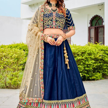 Blue  Sequins & Multi Embroidery Work lehenga choli with Net dupatta