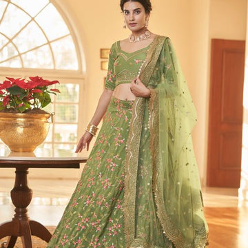 Pista Green Multi Thread Work With Sequins & Zari Work lehenga choli with Net dupatta