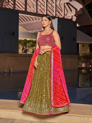 Olive pink lehenga choli for women or girls zari and sequence work with digit print ready to wear lehenga choli