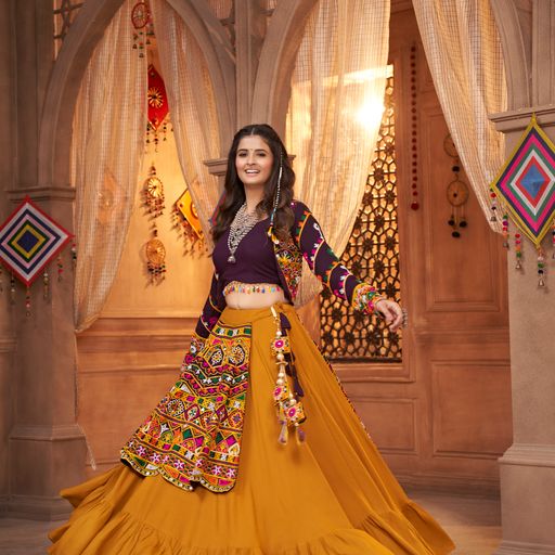 Musterd Yellow Thread,  Embroidered with all over mirror  Work  lehenga choli with  Viscose Rayon dupatta