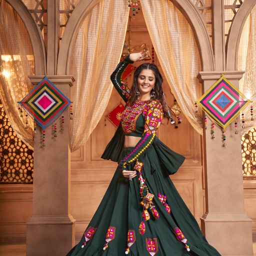 Green Thread,  Embroidered with all over mirror  Work  lehenga choli with  Cotton  dupatta