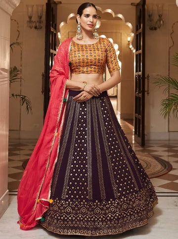 Wine   Zari and Sequence Embroidery Work lehenga choli with Silk dupatta