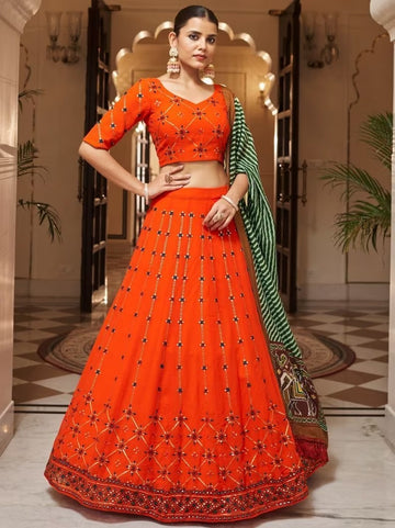 Orange   Zari and Sequence Embroidery Work lehenga choli with Cotton Print dupatta