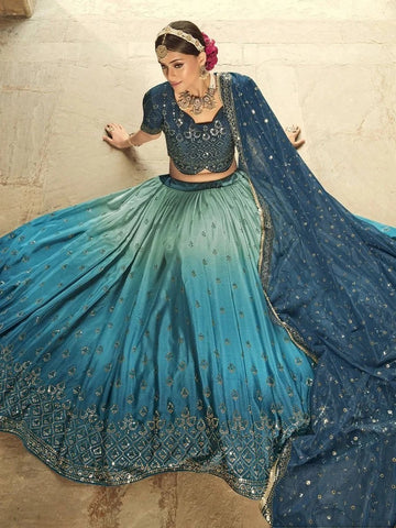 Teal Blue  Zari and Sequence Embroidery Work lehenga choli with Net dupatta