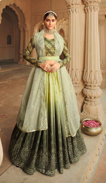 Pista Green Zari and Sequence Embroidery Work lehenga choli with Net dupatta