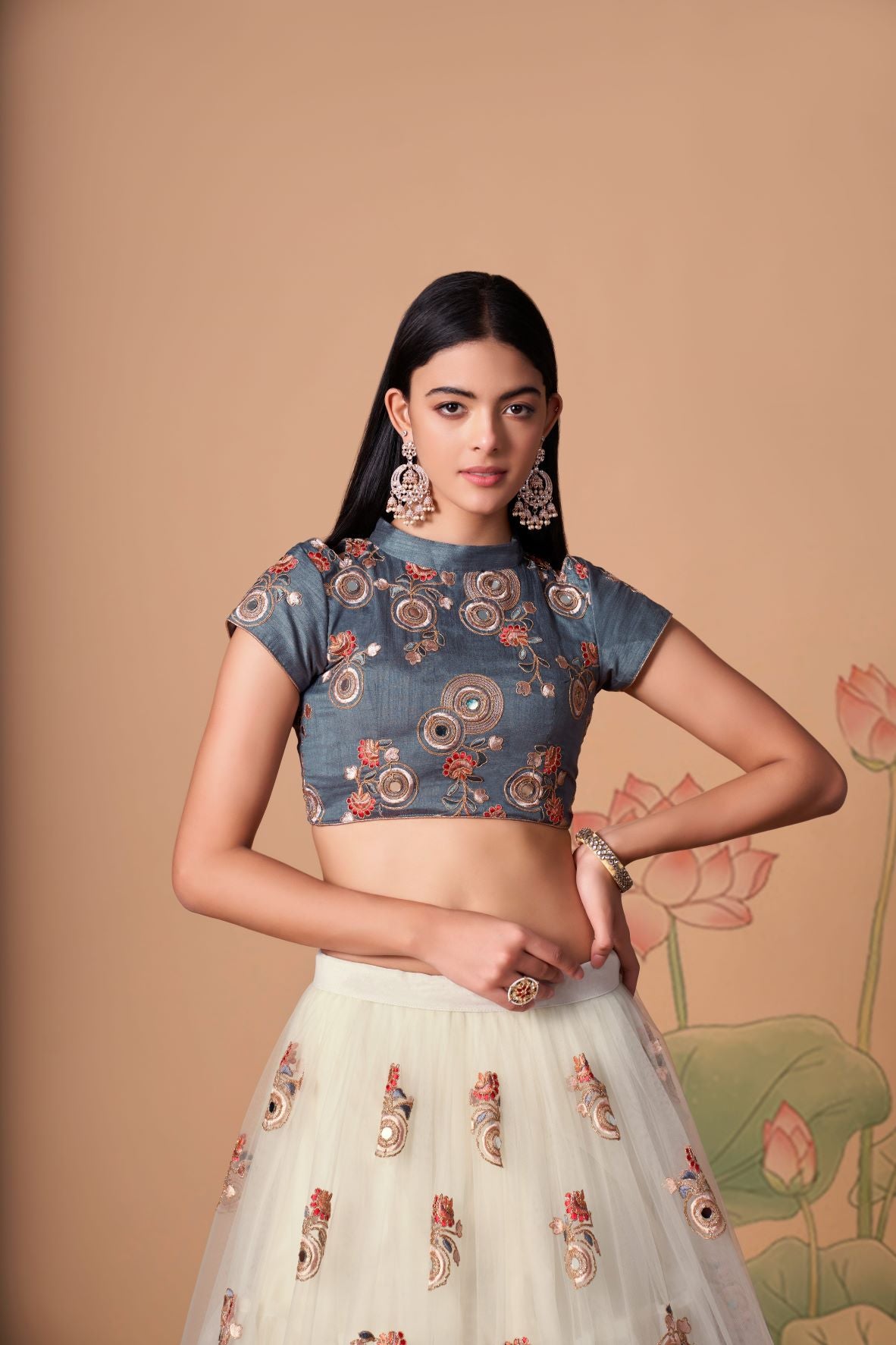 Gray and Off-white   Zari and Sequence ,Thread Embroidery Work  lehenga choli with Net dupatta