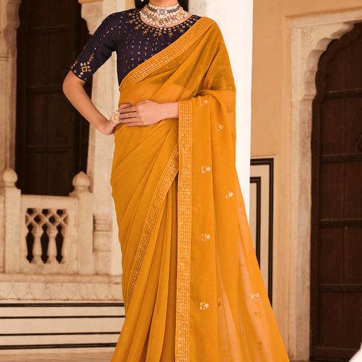 Yellow Chinon Silk  saree for women