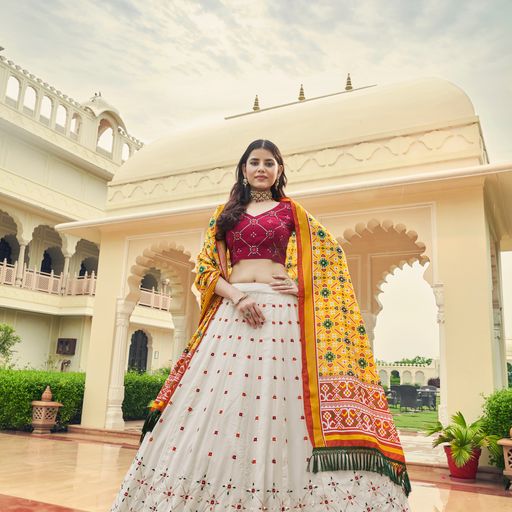 Off WHite and Red Thread Siquence  Embroided   Work  lehenga choli with Silk  dupatta