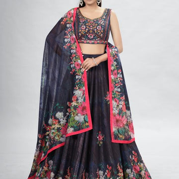 Black Thread , Digital Print , Hand Work   lehenga choli with Art Silk dupatta