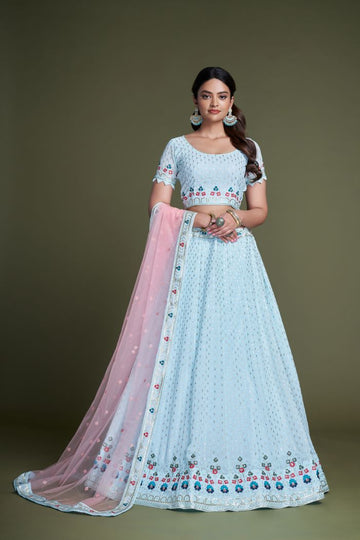 SKy Blue Embroidery  Work   lehenga choli with Net dupatta