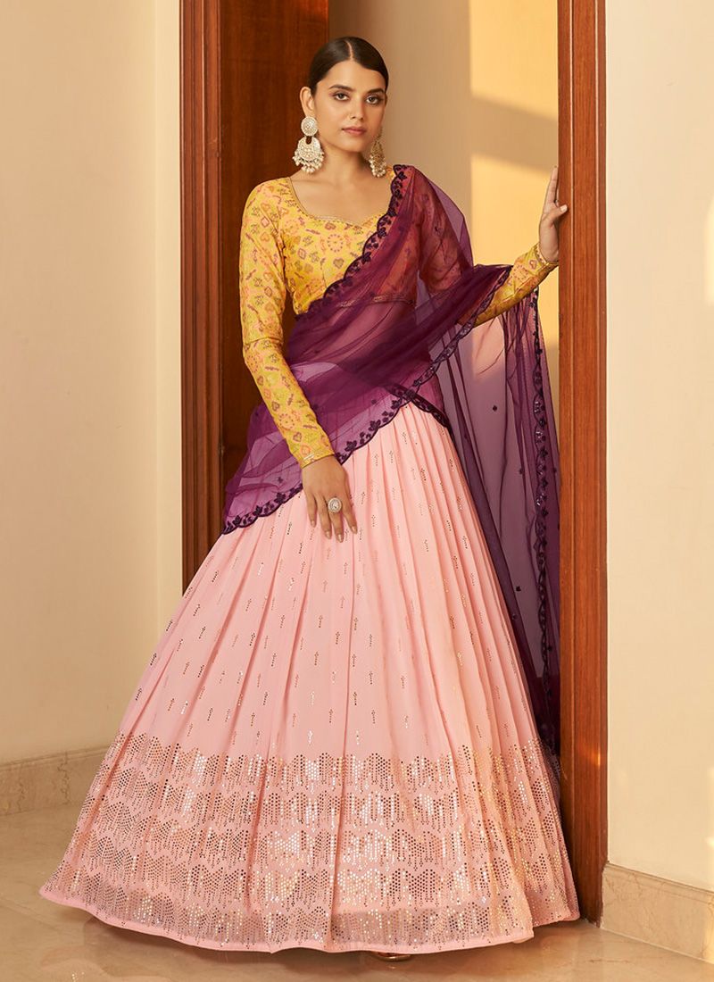 Off White A Line Silk Lehenga Choli with Pink Dupatta