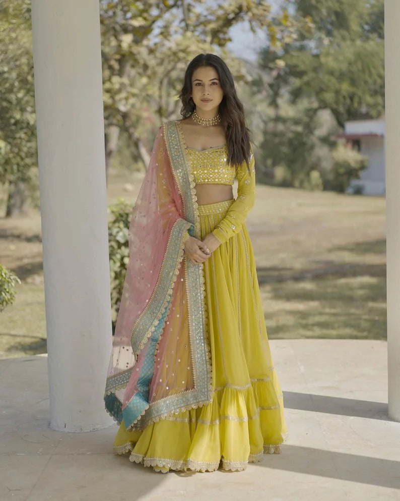 Yellow   Zari and Sequence , Thread Embroidery Work lehenga choli with Net dupatta