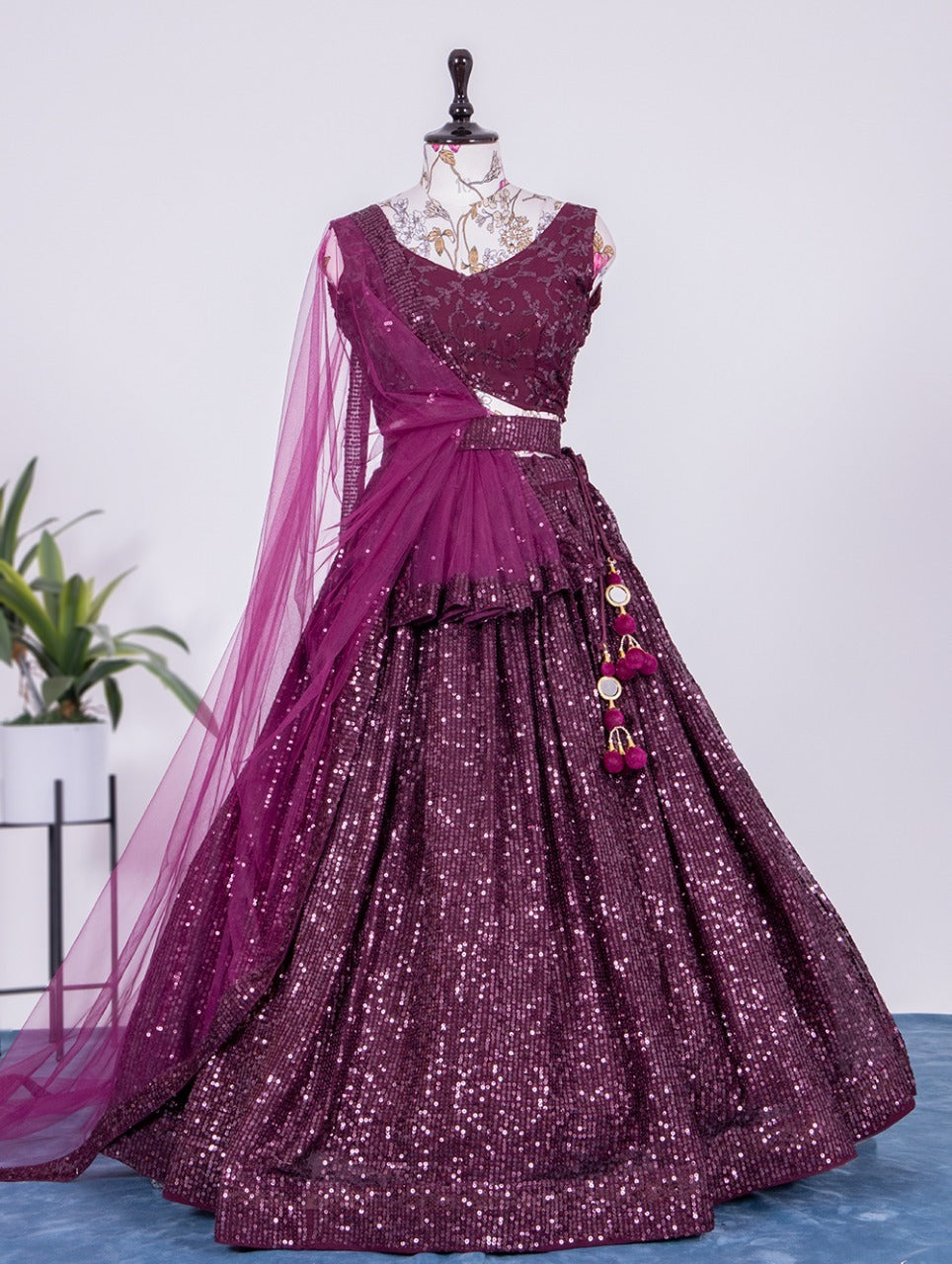 Purple  Zari and Sequence , Thread  Embroidery Work  lehenga choli with Net dupatta