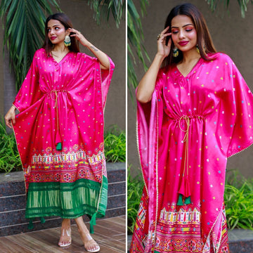 Pink Bandhej Digital Print with Gotta Patti  Work Kaftan For Women