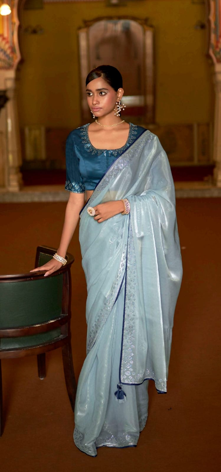 Buy Powder Blue Saree by SEEMA GUJRAL at Ogaan Online Shopping Site