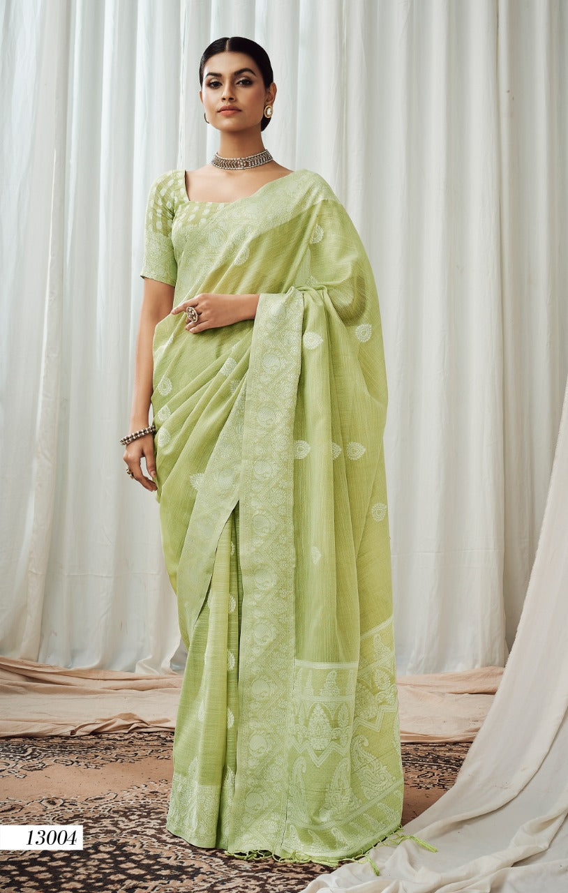 Perrot Soft Luckhnowi Rich Pallu weaving Linen  saree for women
