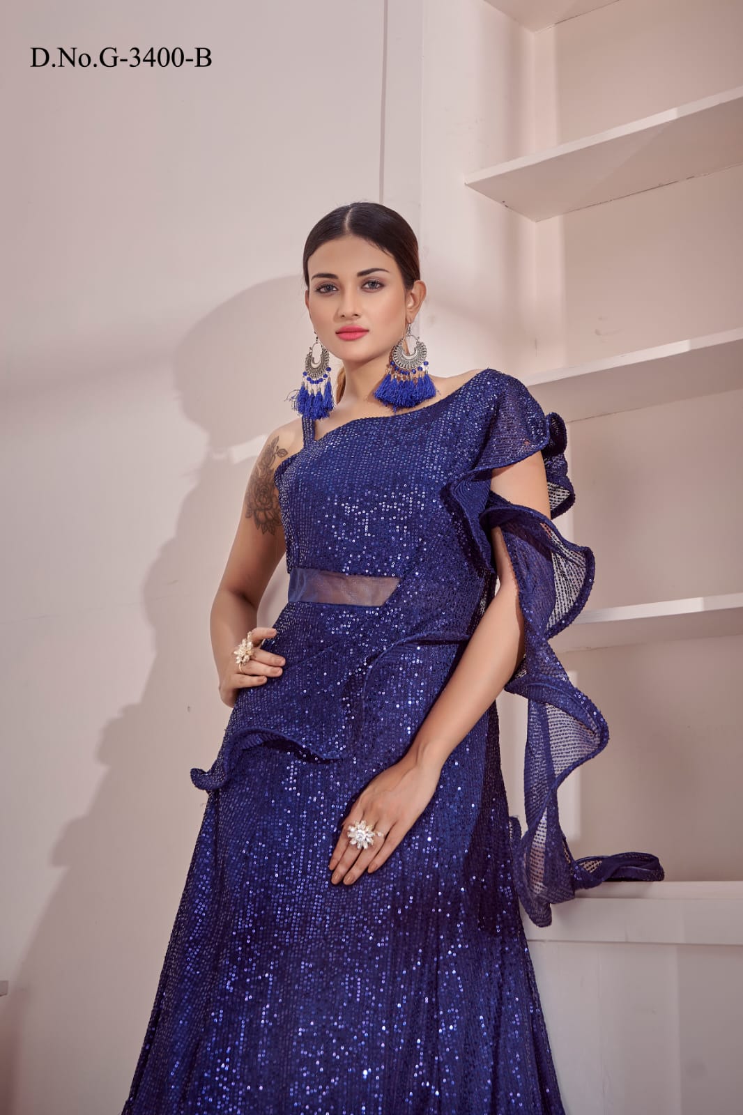 Blue  Sequin Exclusive  Imported  Georgette Anarkali Flared Long  Gown