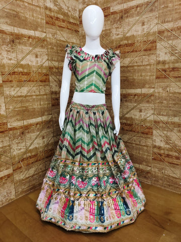 Green to magenta multi color Zari and  Sequence Embroidery Work  lehenga choli for Kids