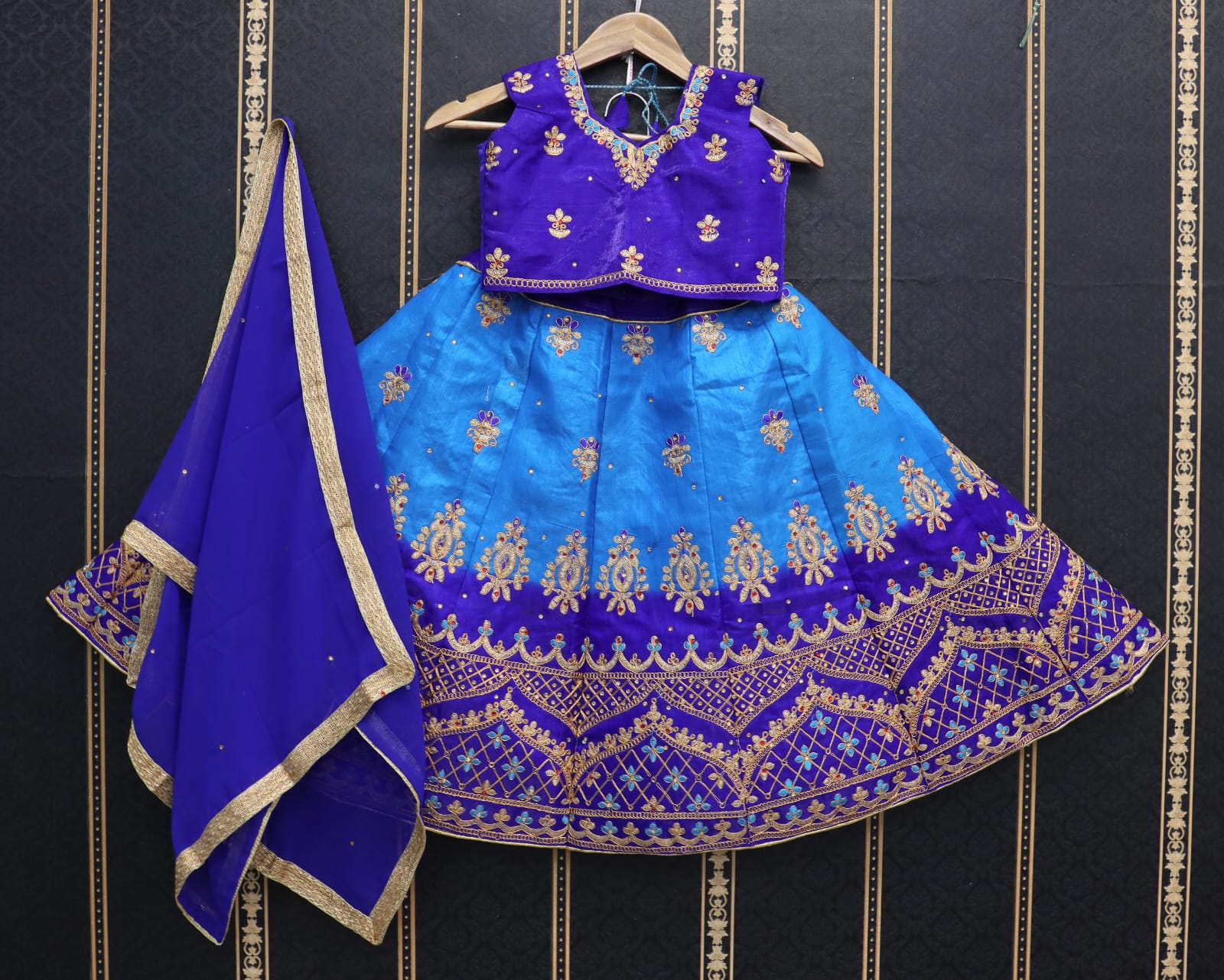 Blue   Zari and  Sequence Embroidery Work  lehenga choli for Kids