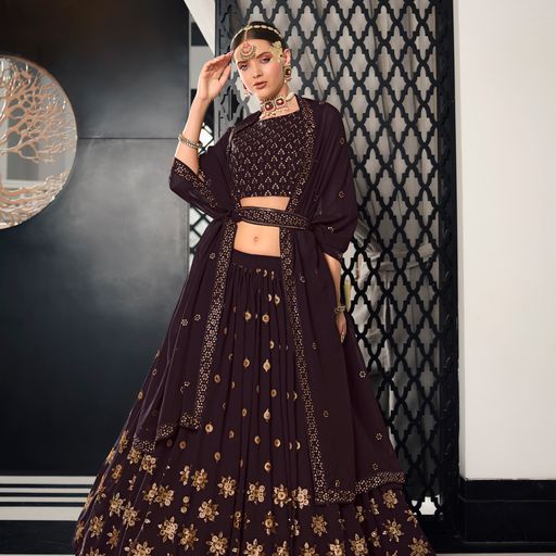 Brown Thread with Sequence Embroidery Work  lehenga choli with Georgette.silk dupatta