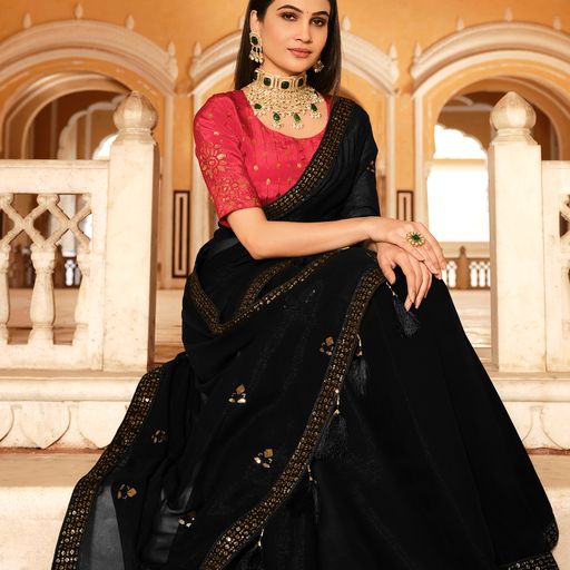 Black Chinon Silk  saree for women