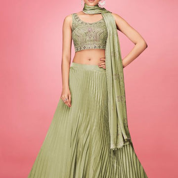 Green Crush ,  Thread and Hand  Work  lehenga choli with Satin  dupatta